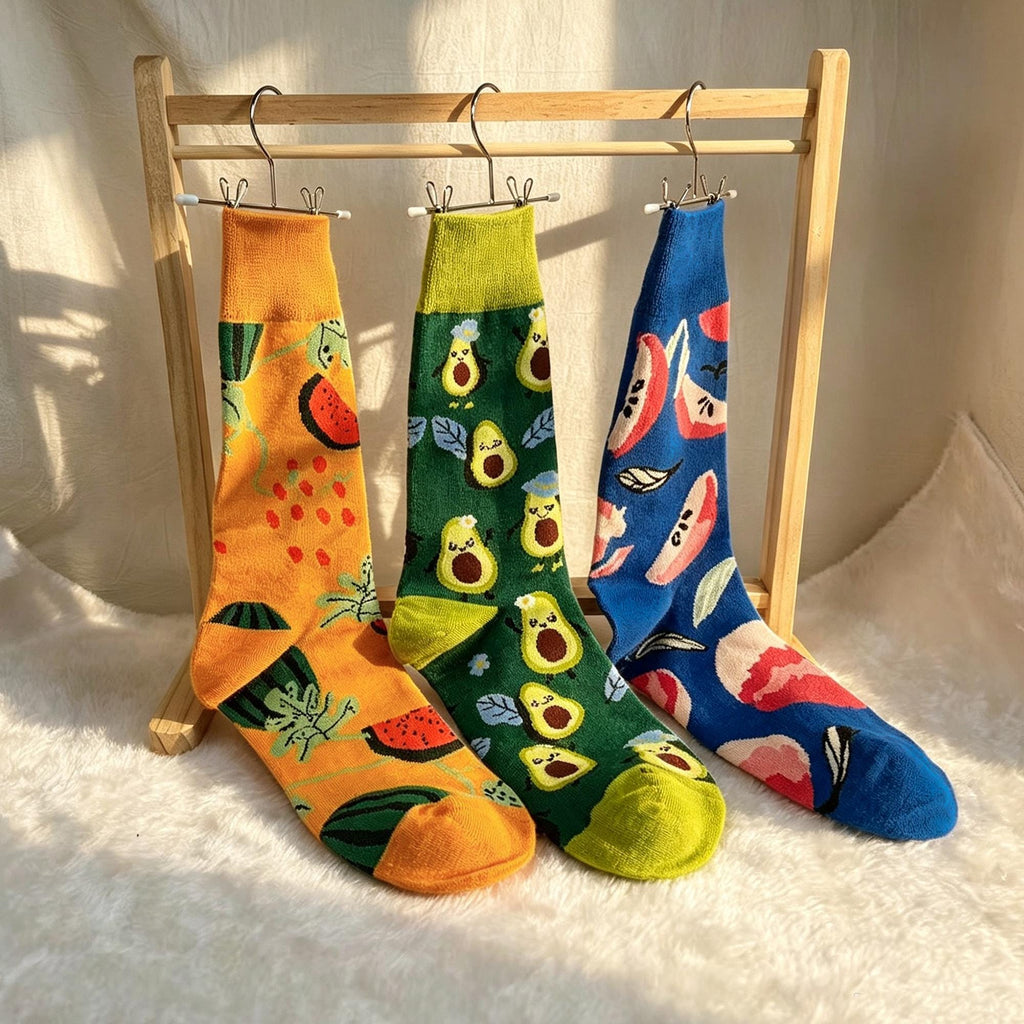 Avocado Watermelon and Apple Socks, Quirky Fruit Crew Socks, Gen Z Foodie Gift by AnnieColors, view 8