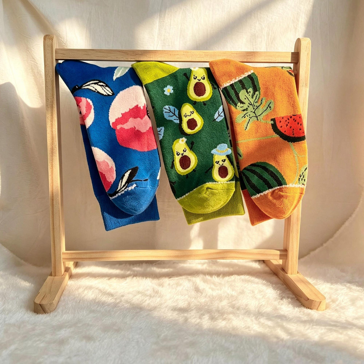 Avocado Watermelon and Apple Socks, Quirky Fruit Crew Socks, Gen Z Foodie Gift by AnnieColors, view 10