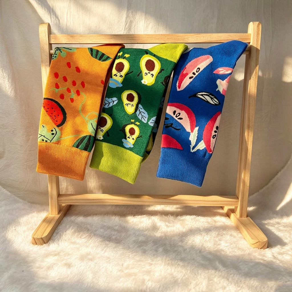 Avocado Watermelon and Apple Socks, Quirky Fruit Crew Socks, Gen Z Foodie Gift by AnnieColors, view 9