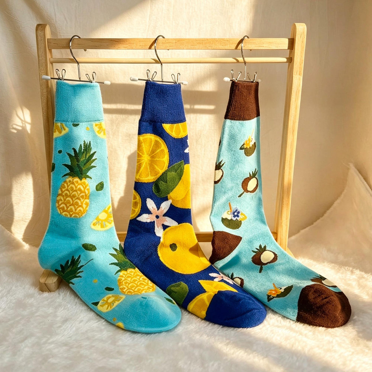 Vacation Fruit Socks, Coconut Lemon and Pineapple Crew Socks, Tropical Beach and Cruise Gift by AnnieColors, view 8