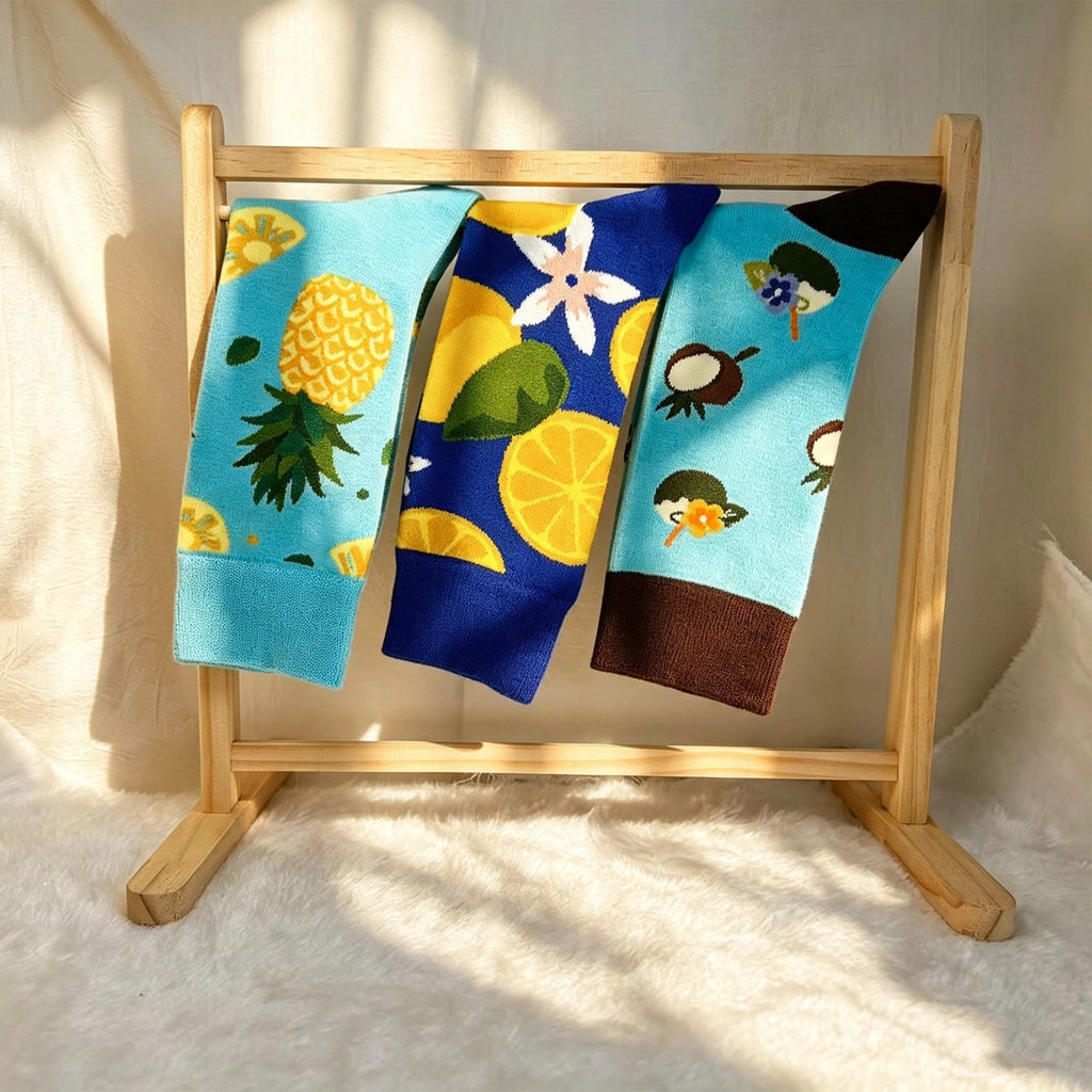 Vacation Fruit Socks, Coconut Lemon and Pineapple Crew Socks, Tropical Beach and Cruise Gift by AnnieColors, view 9