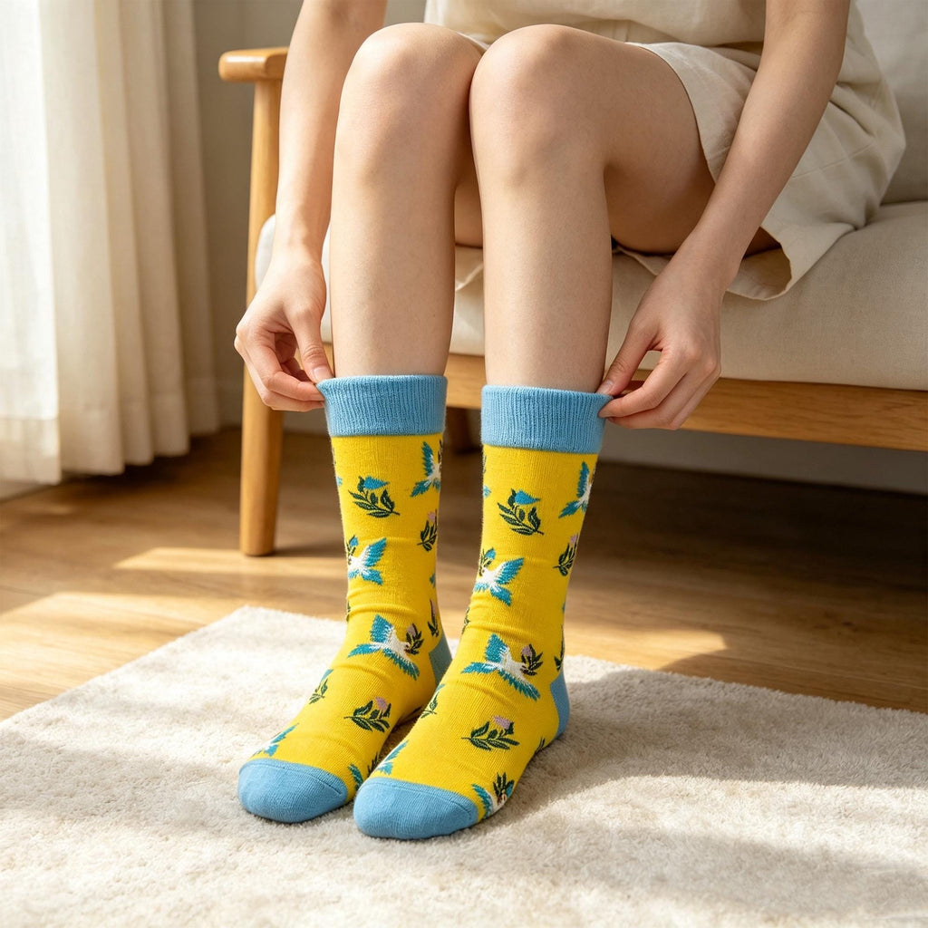 Red Panda and Tropical Bird Socks, Personalized Nature Crew Socks, Custom Gift by AnnieColors, view 3