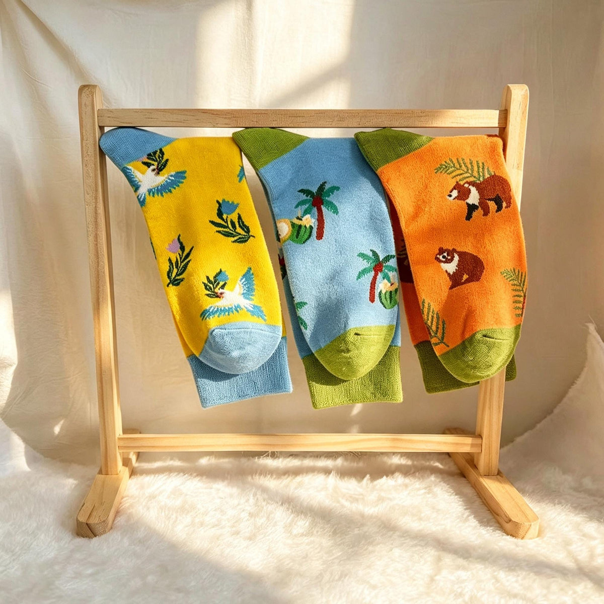 Red Panda and Tropical Bird Socks, Personalized Nature Crew Socks, Custom Gift by AnnieColors, view 9