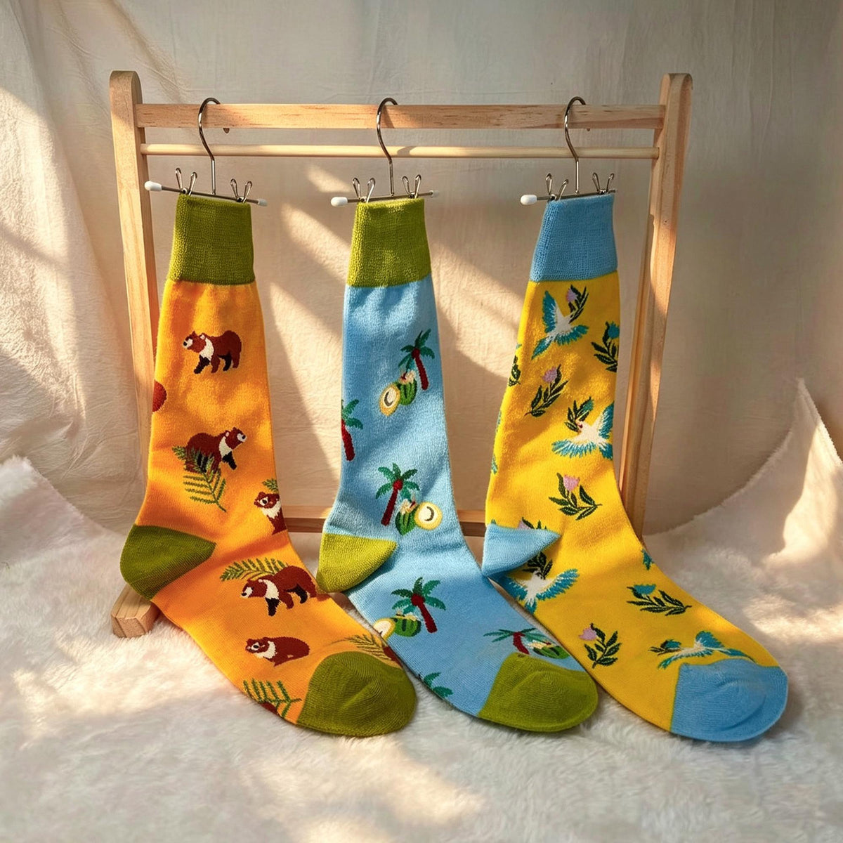 Red Panda and Tropical Bird Socks, Personalized Nature Crew Socks, Custom Gift by AnnieColors, view 8