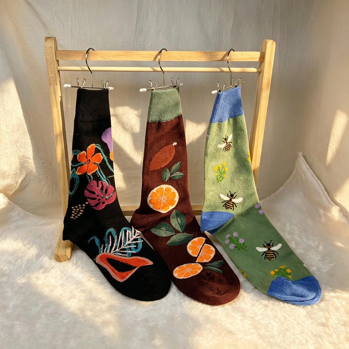 Garden Lover Socks, Bee Citrus and Tropical Flower Crew Socks, Gardener Gift by AnnieColors, view 8