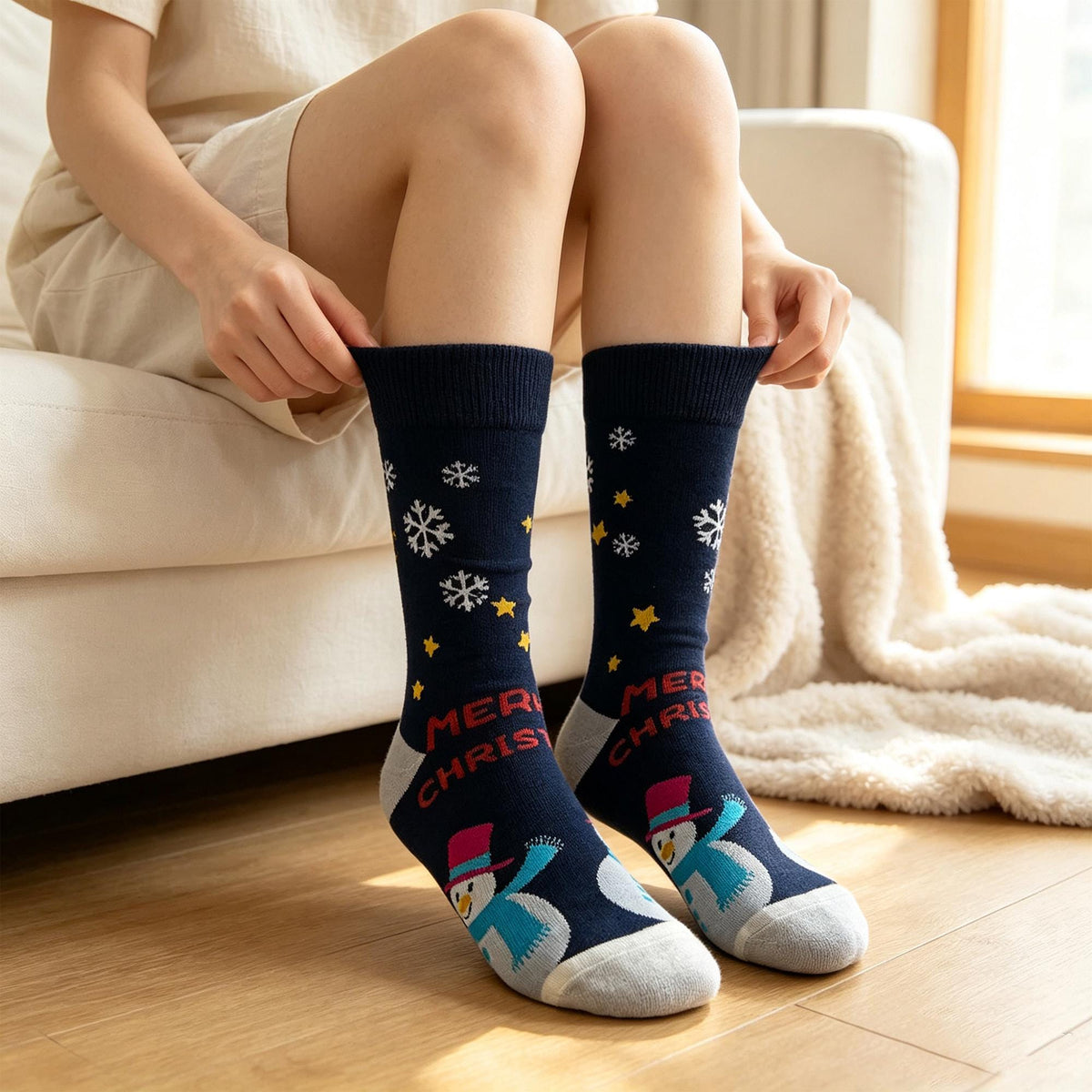Cozy Christmas Socks for Women, Snowflake Crew Socks, Holiday Movie Night Gift by AnnieColors, view 7