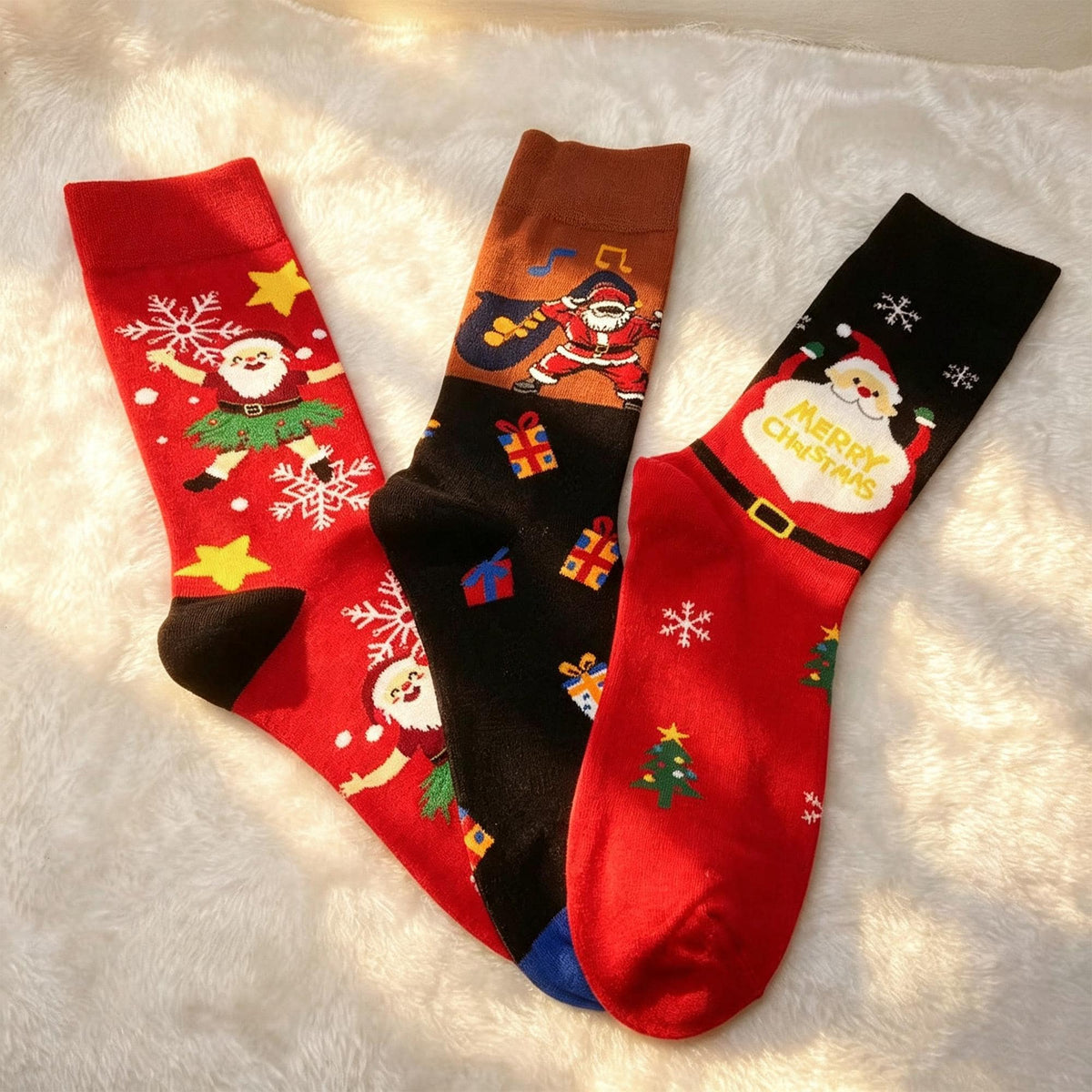 Ugly Christmas Party Socks, Santa and Reindeer Crew Socks, Three Pair sock collection by AnnieColors