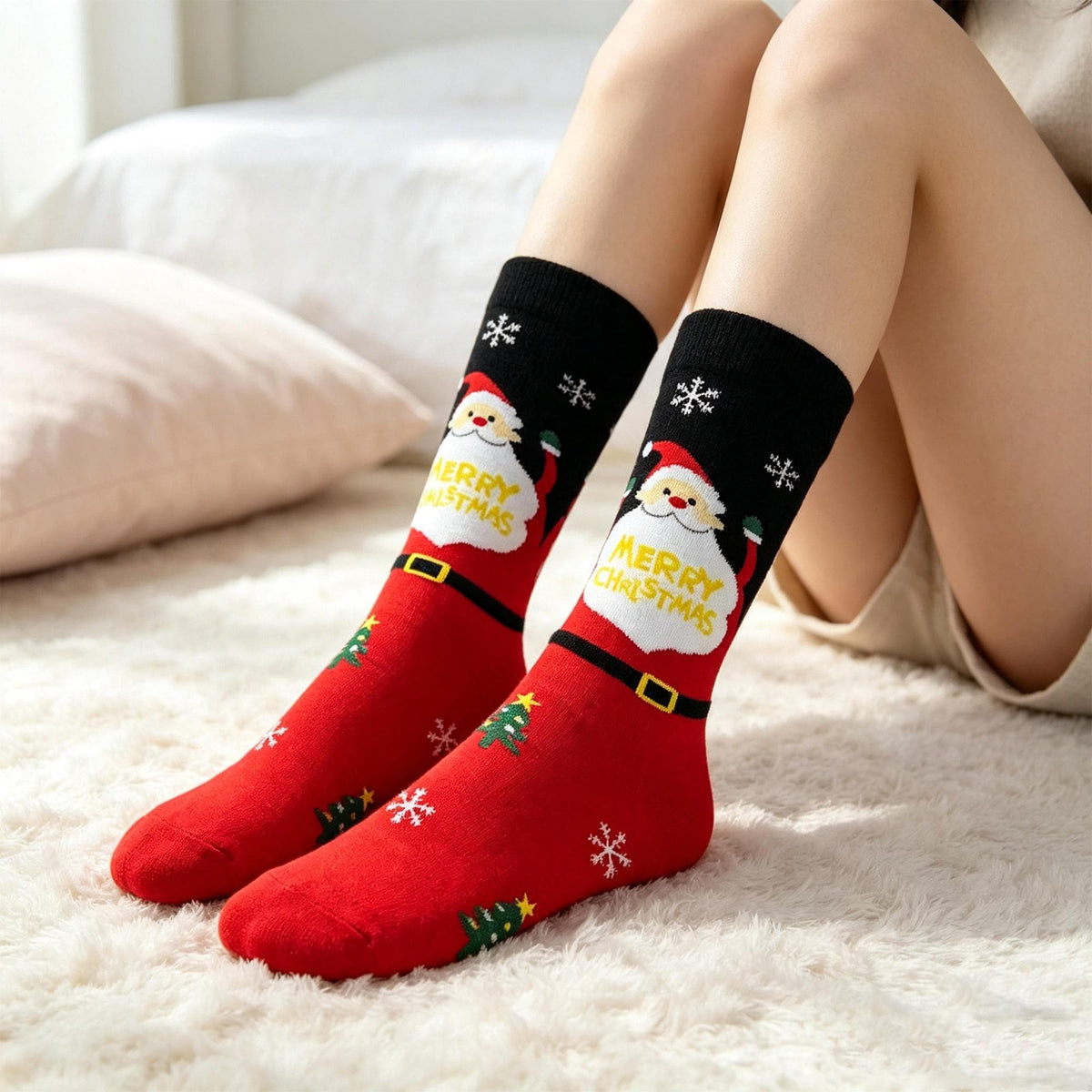 Ugly Christmas Party Socks, Santa and Reindeer Crew Socks, Three Pair sock collection by AnnieColors, view 4