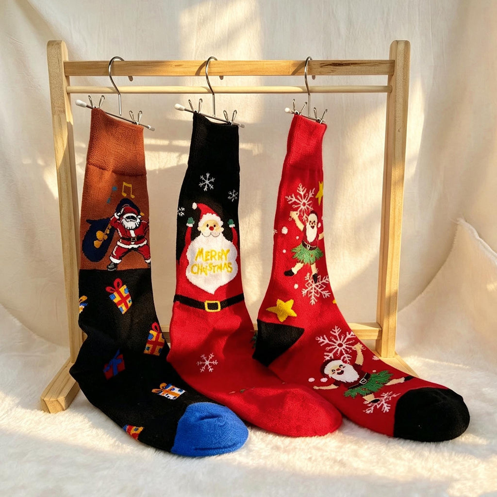 Ugly Christmas Party Socks, Santa and Reindeer Crew Socks, Three Pair sock collection by AnnieColors, view 8