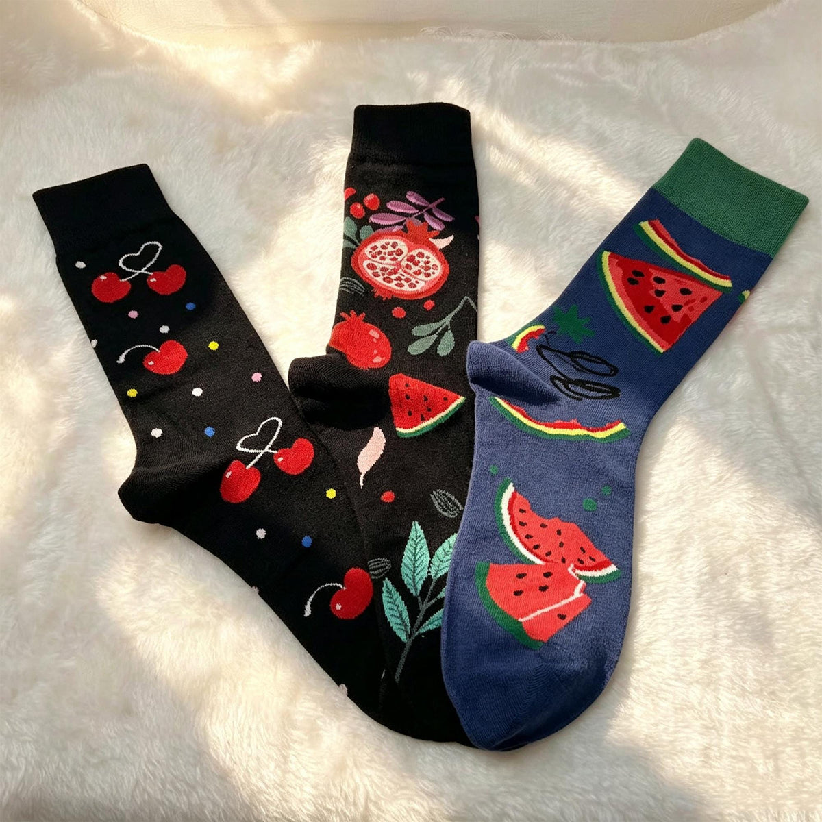 Fruit Socks Gift sock collection, Cherry Pomegranate and Watermelon Crew Socks, Summer Foodie Gift by AnnieColors