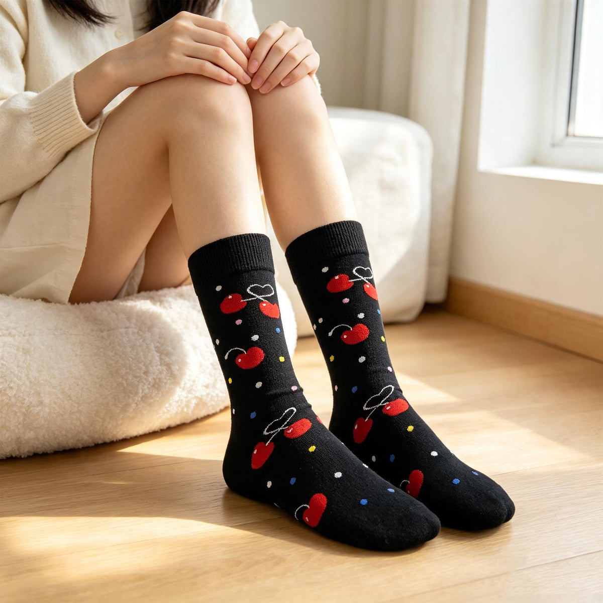 Fruit Socks Gift sock collection, Cherry Pomegranate and Watermelon Crew Socks, Summer Foodie Gift by AnnieColors, view 3