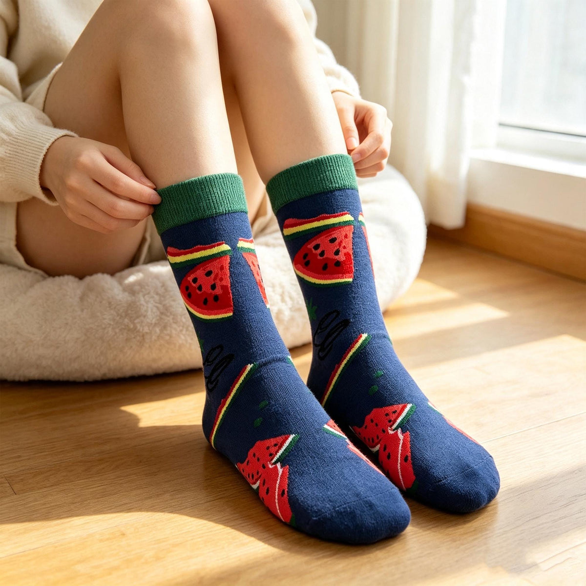 Fruit Socks Gift sock collection, Cherry Pomegranate and Watermelon Crew Socks, Summer Foodie Gift by AnnieColors, view 4