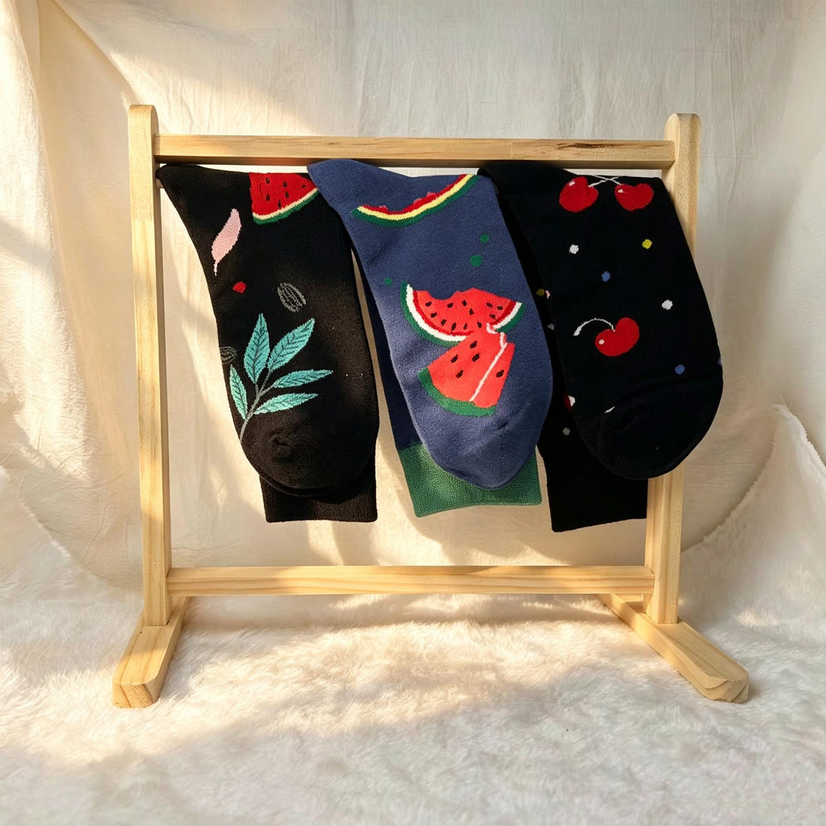 Fruit Socks Gift sock collection, Cherry Pomegranate and Watermelon Crew Socks, Summer Foodie Gift by AnnieColors, view 9