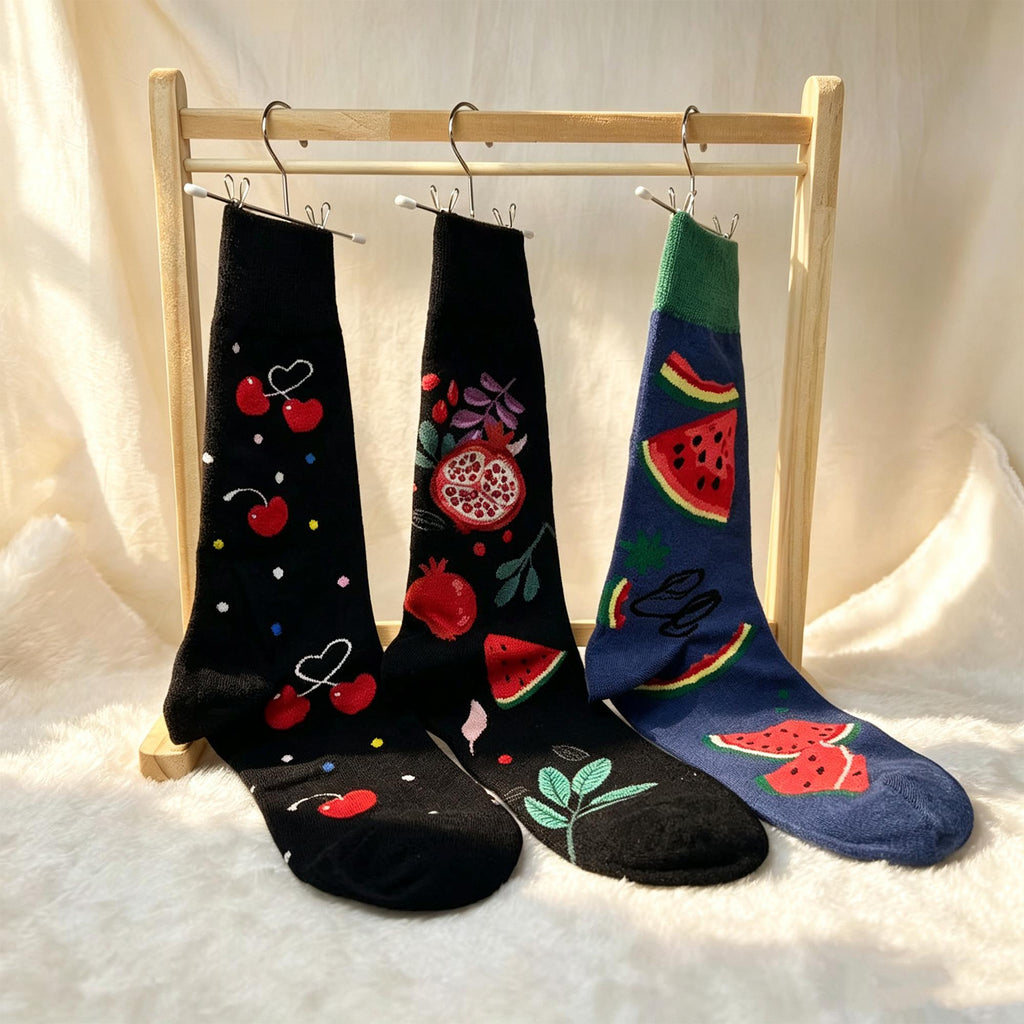Fruit Socks Gift sock collection, Cherry Pomegranate and Watermelon Crew Socks, Summer Foodie Gift by AnnieColors, view 8