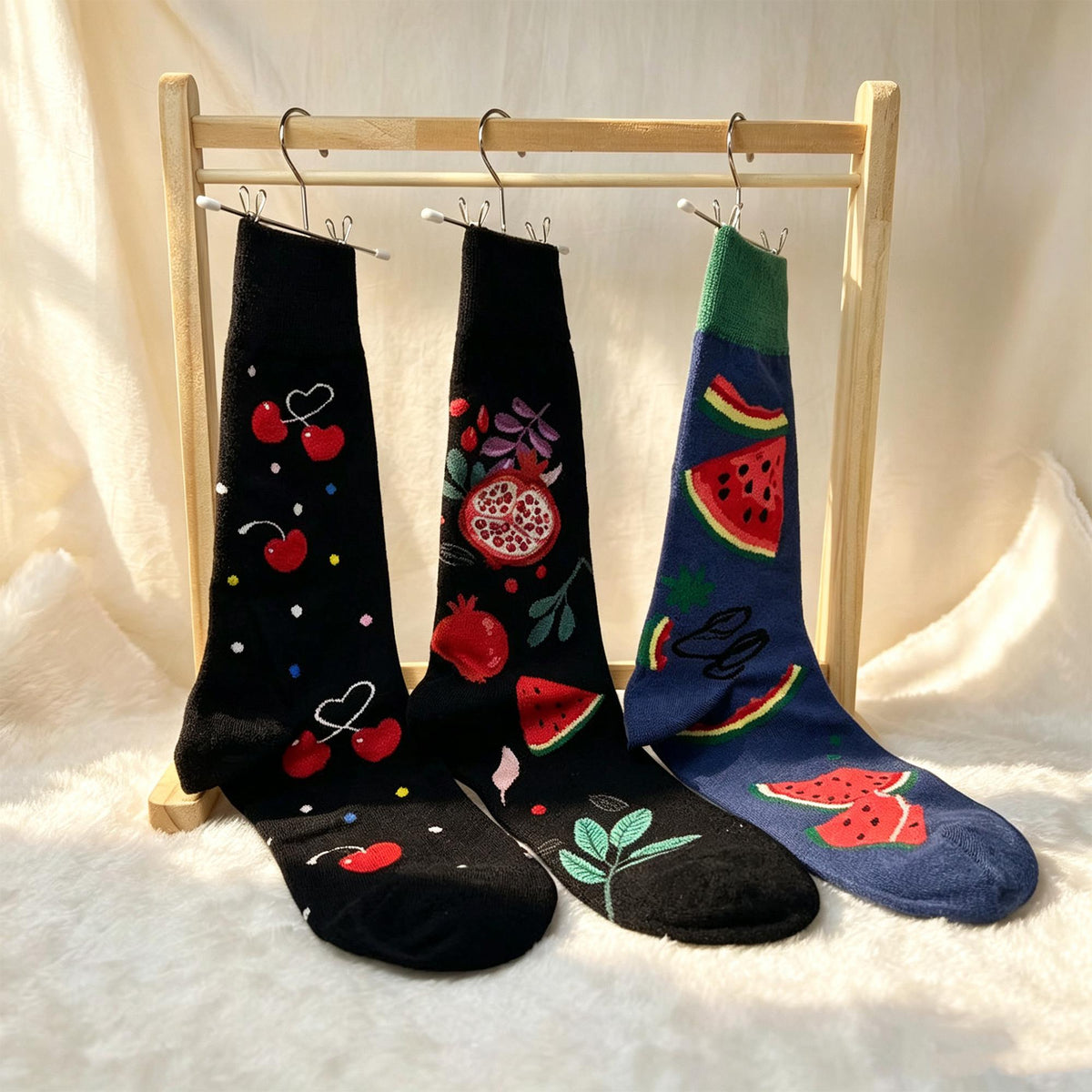 Fruit Socks Gift sock collection, Cherry Pomegranate and Watermelon Crew Socks, Summer Foodie Gift by AnnieColors, view 8