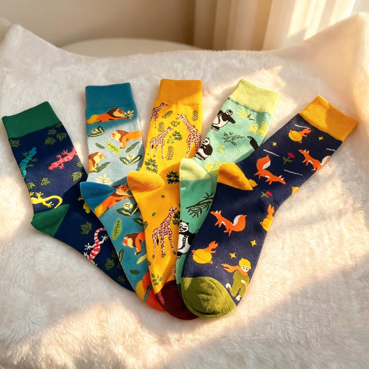 Cartoon Animal Crew Socks sock collection - Lion, Giraffe & Little Prince Cotton Hosiery - Cute Novelty... by AnnieColors
