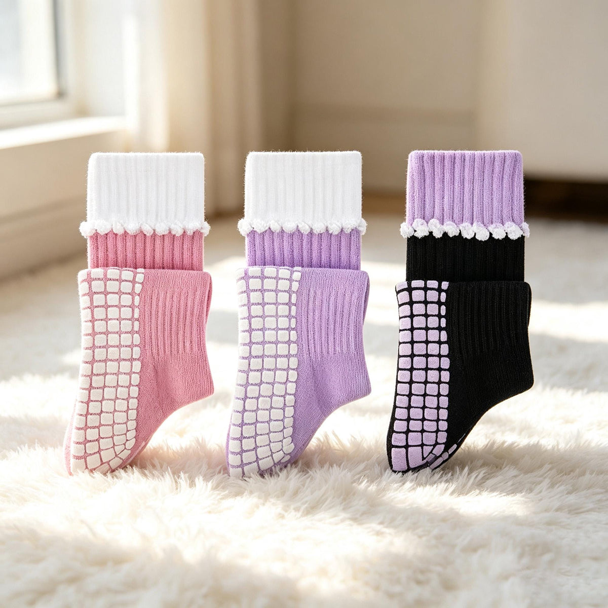 Ruffle Grip Socks for Women, Coquette Pilates and Barre Socks, Non Slip Yoga Socks, Pink Fitness Gift by AnnieColors, view 9