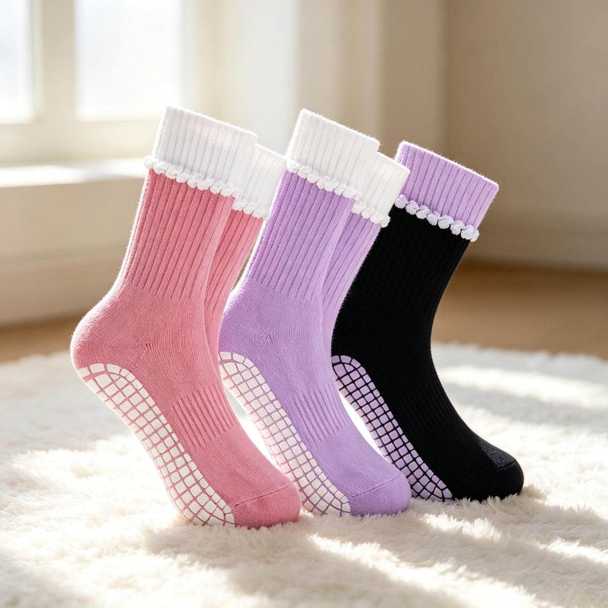 Ruffle Grip Socks for Women, Coquette Pilates and Barre Socks, Non Slip Yoga Socks, Pink Fitness Gift by AnnieColors, view 10
