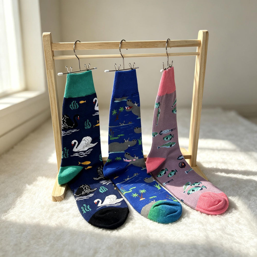 Hippo Swan and Fish Socks, Personalized Animal Crew Socks, Custom Gift for Her by AnnieColors, view 2
