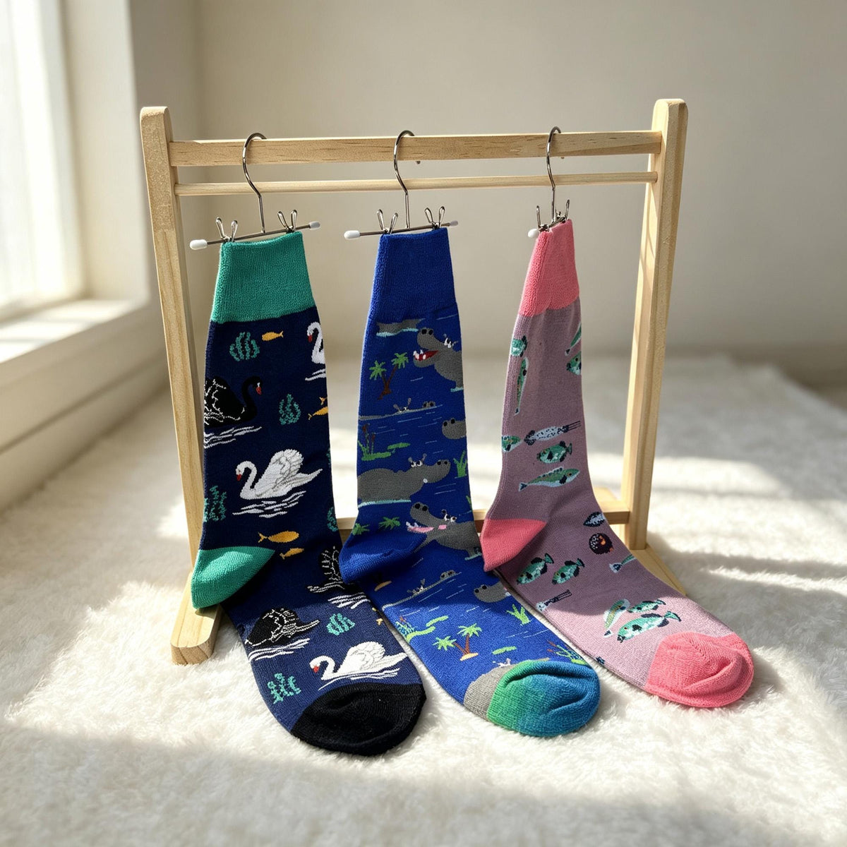 Hippo Swan and Fish Socks, Personalized Animal Crew Socks, Custom Gift for Her by AnnieColors, view 2