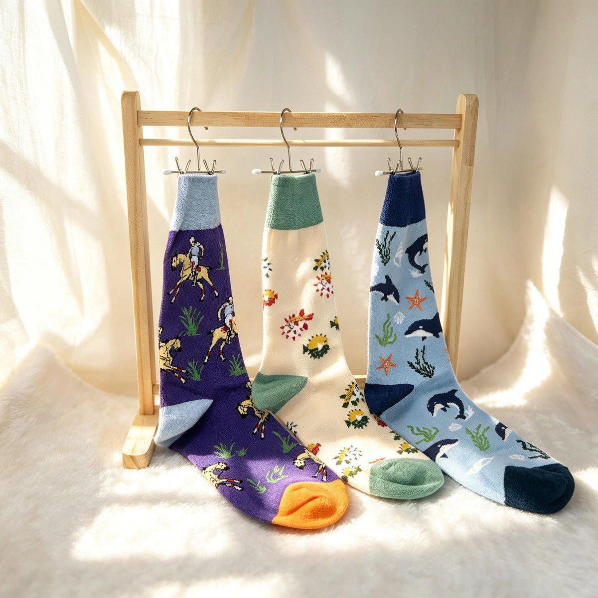 Horse Dolphin and Pufferfish Socks, Personalized Ocean Animal Crew Socks, Custom Gift by AnnieColors