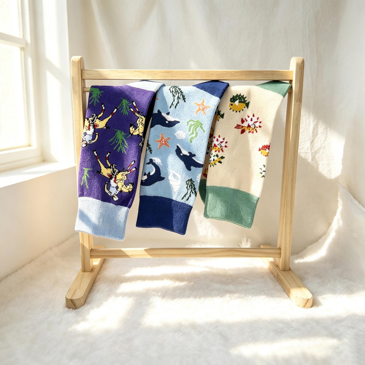 Horse Dolphin and Pufferfish Socks, Personalized Ocean Animal Crew Socks, Custom Gift by AnnieColors, view 2