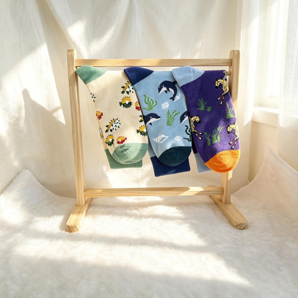 Horse Dolphin and Pufferfish Socks, Personalized Ocean Animal Crew Socks, Custom Gift by AnnieColors, view 3
