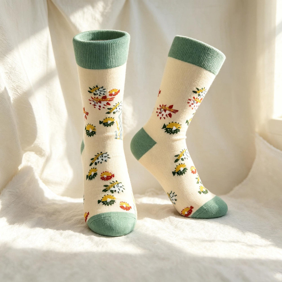 Horse Dolphin and Pufferfish Socks, Personalized Ocean Animal Crew Socks, Custom Gift by AnnieColors, view 8