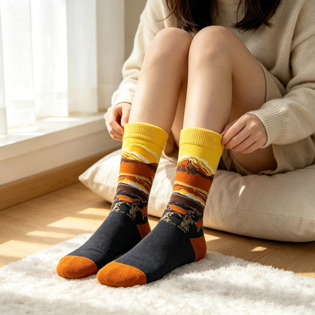 Scenic Landscape Crew Socks sock collection, Mountain, Lighthouse & Beach Cotton Hosiery by AnnieColors, view 3