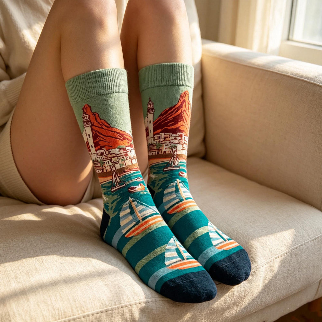 Scenic Landscape Crew Socks sock collection, Mountain, Lighthouse & Beach Cotton Hosiery by AnnieColors, view 4