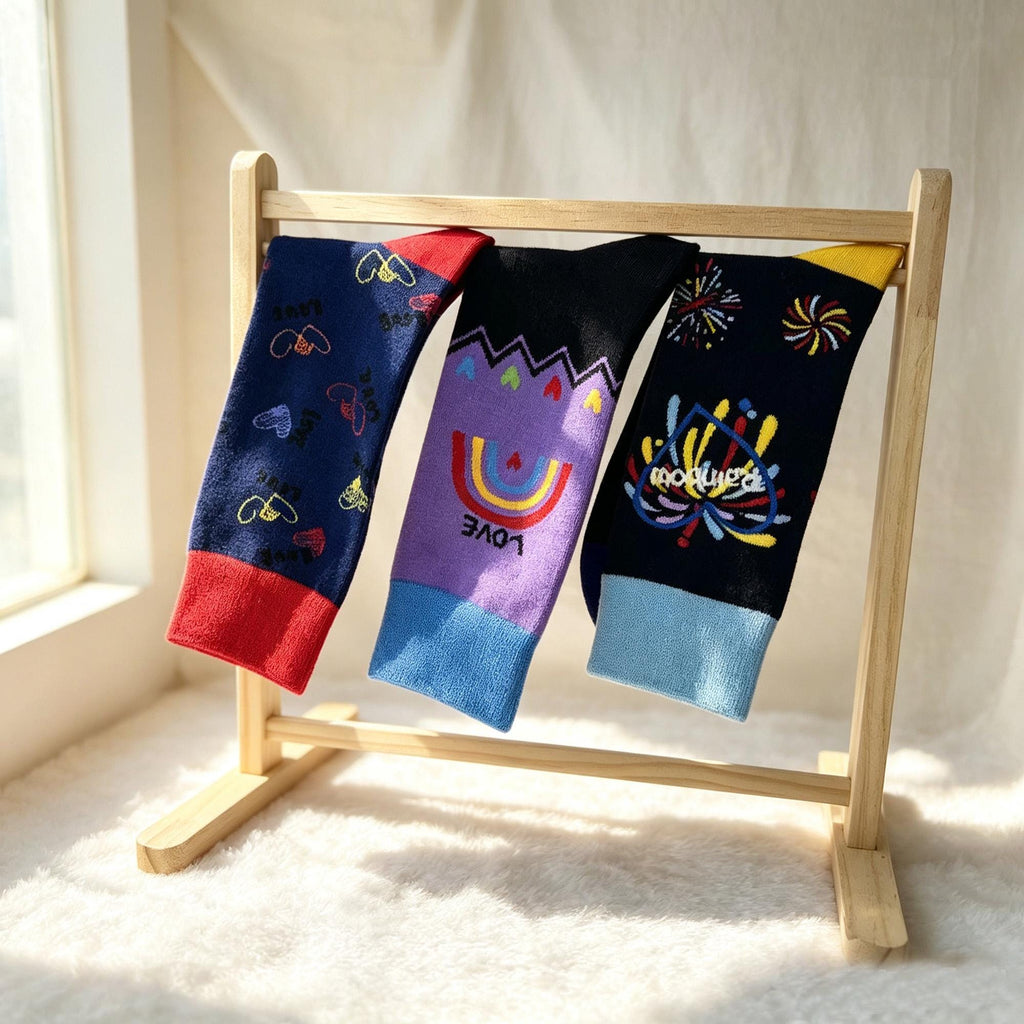 Colorful Rainbow Heart Fireworks Cartoon Crew Socks, Quirky Graphic Streetwear Hosiery by AnnieColors, view 3