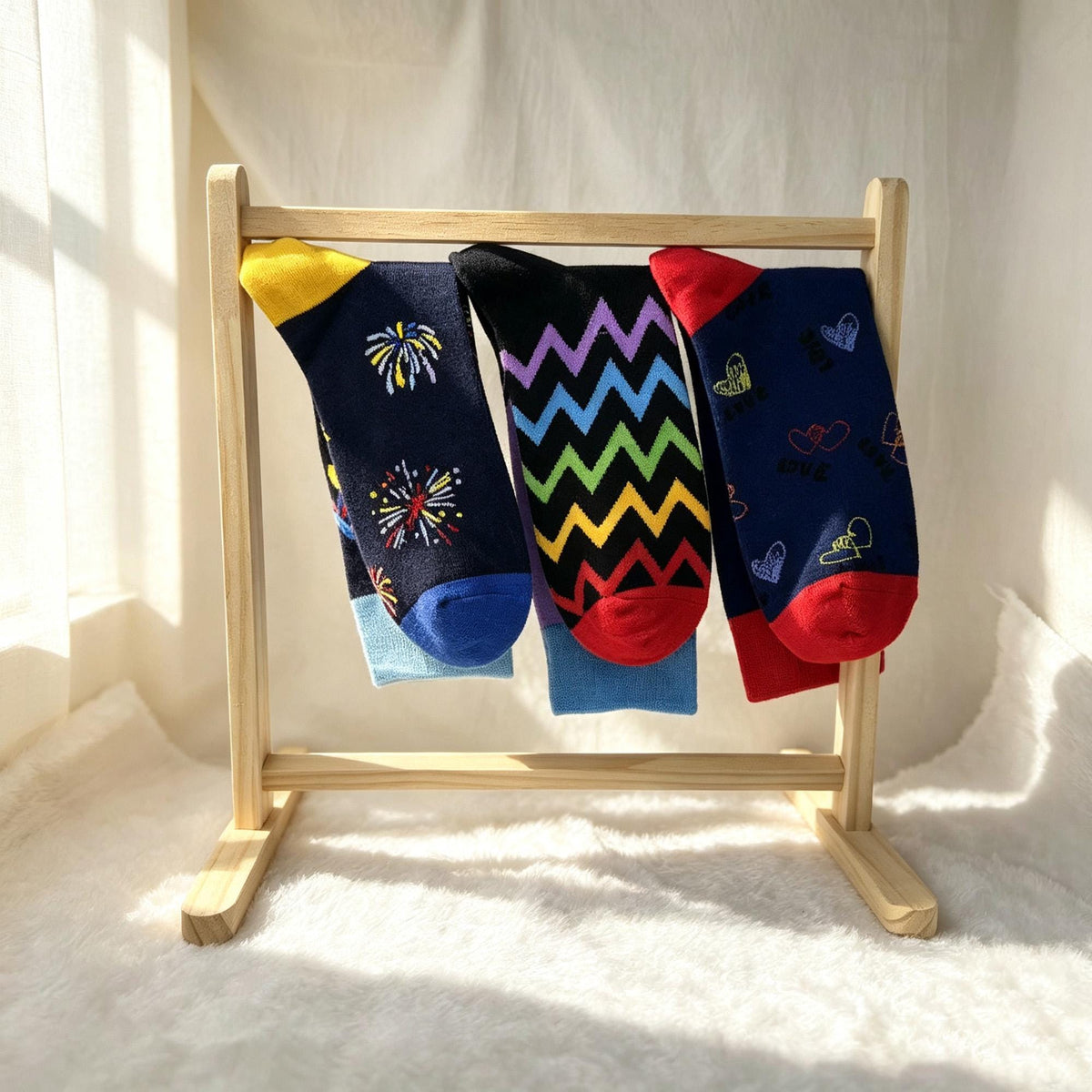 Colorful Rainbow Heart Fireworks Cartoon Crew Socks, Quirky Graphic Streetwear Hosiery by AnnieColors, view 4