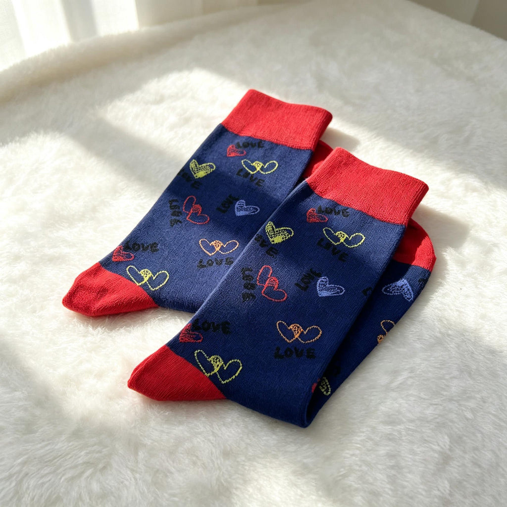 Colorful Rainbow Heart Fireworks Cartoon Crew Socks, Quirky Graphic Streetwear Hosiery by AnnieColors, view 7