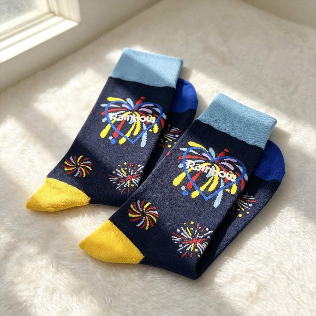 Colorful Rainbow Heart Fireworks Cartoon Crew Socks, Quirky Graphic Streetwear Hosiery by AnnieColors, view 9