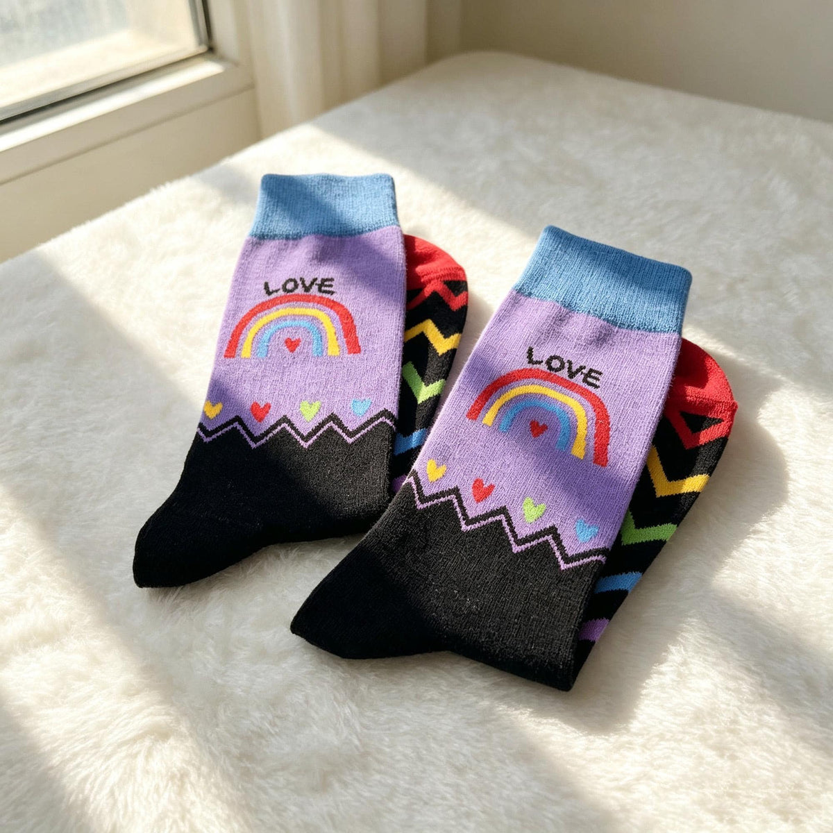 Colorful Rainbow Heart Fireworks Cartoon Crew Socks, Quirky Graphic Streetwear Hosiery by AnnieColors, view 8