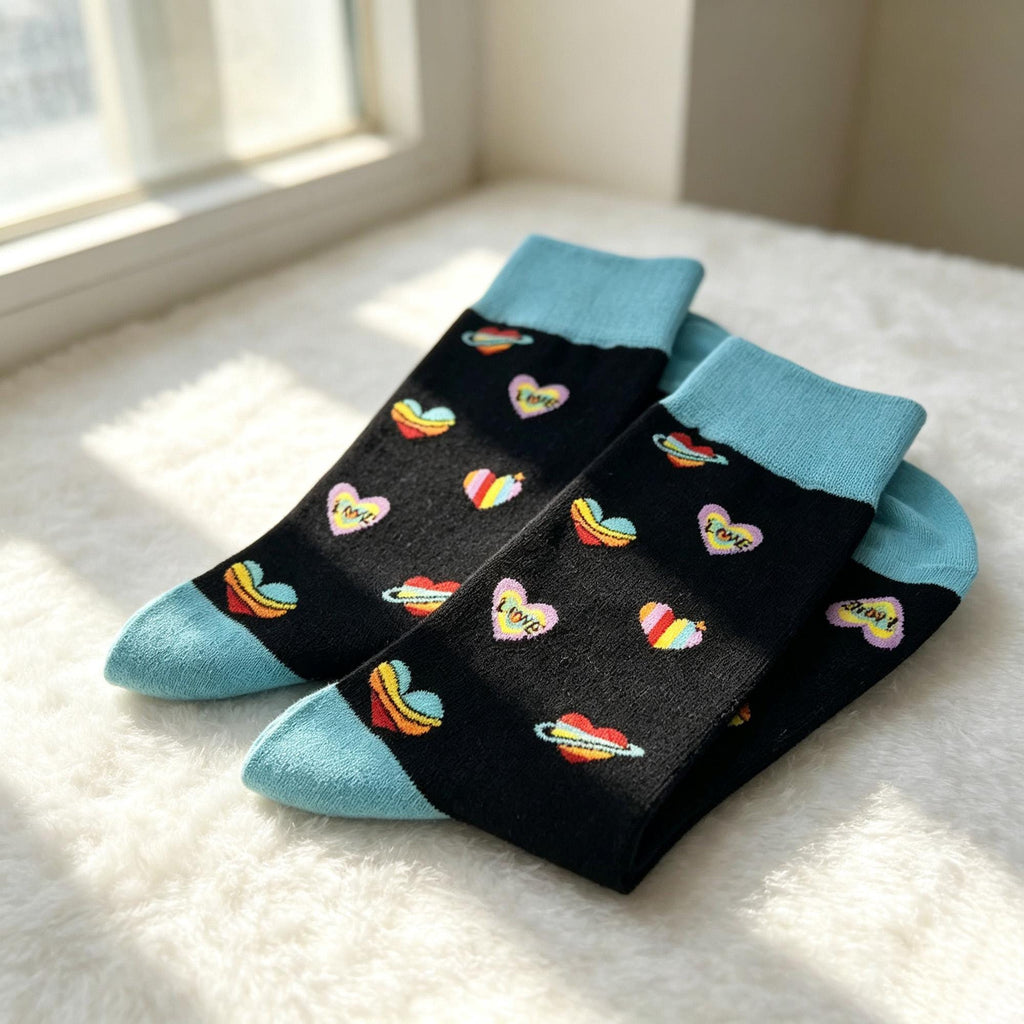 Colorful Rainbow Heart Fireworks Cartoon Crew Socks, Quirky Graphic Streetwear Hosiery by AnnieColors, view 10