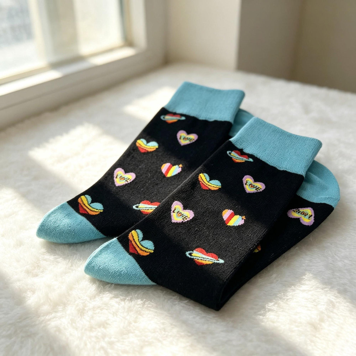 Colorful Rainbow Heart Fireworks Cartoon Crew Socks, Quirky Graphic Streetwear Hosiery by AnnieColors, view 10