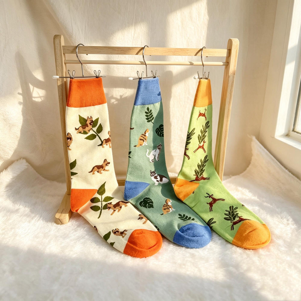 Cute Animal Kitten Crew Socks, Quirky Nature Graphic Streetwear Hosiery, Aesthetic Plant Socks by AnnieColors, view 2