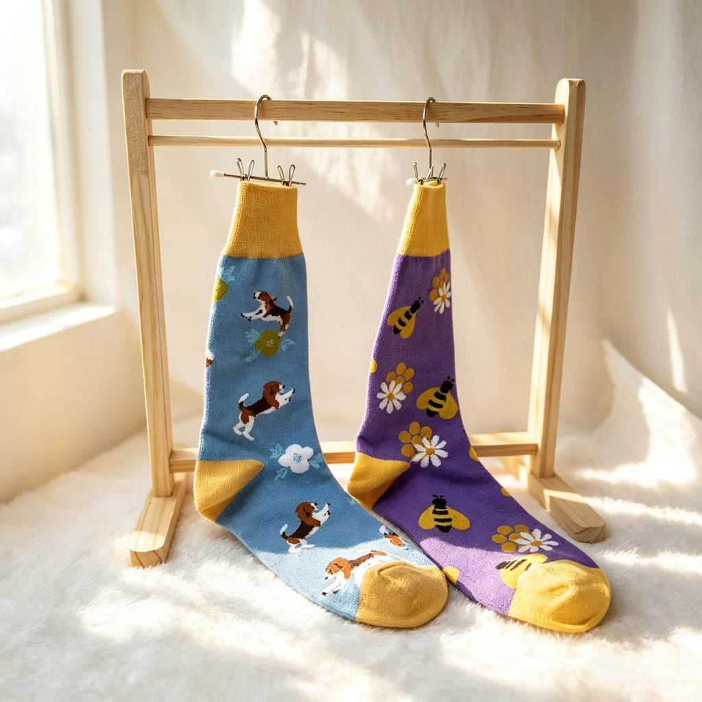 Cute Animal Kitten Crew Socks, Quirky Nature Graphic Streetwear Hosiery, Aesthetic Plant Socks by AnnieColors, view 5