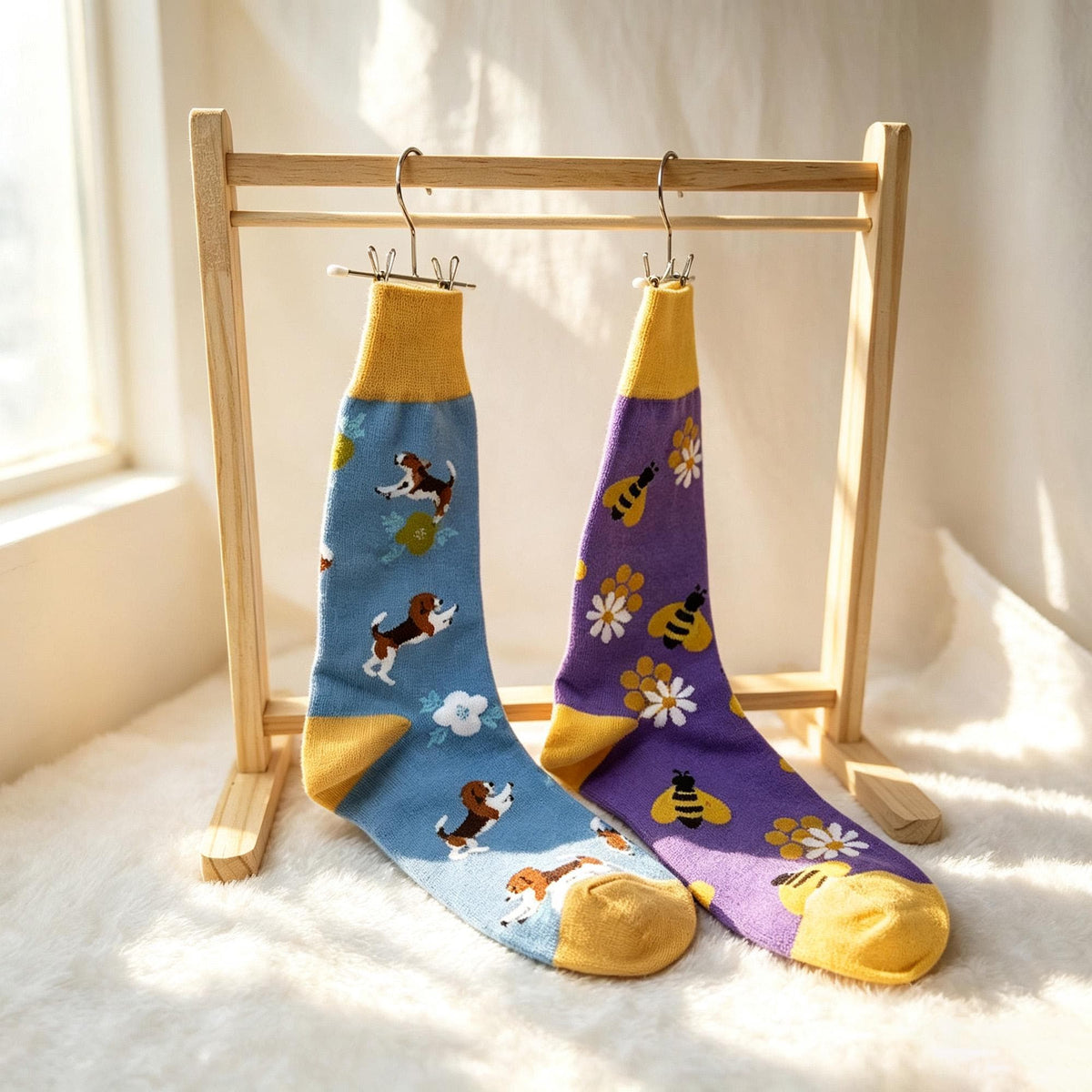 Cute Animal Kitten Crew Socks, Quirky Nature Graphic Streetwear Hosiery, Aesthetic Plant Socks by AnnieColors, view 5