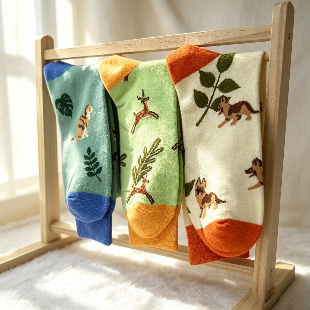 Cute Animal Kitten Crew Socks, Quirky Nature Graphic Streetwear Hosiery, Aesthetic Plant Socks by AnnieColors, view 4