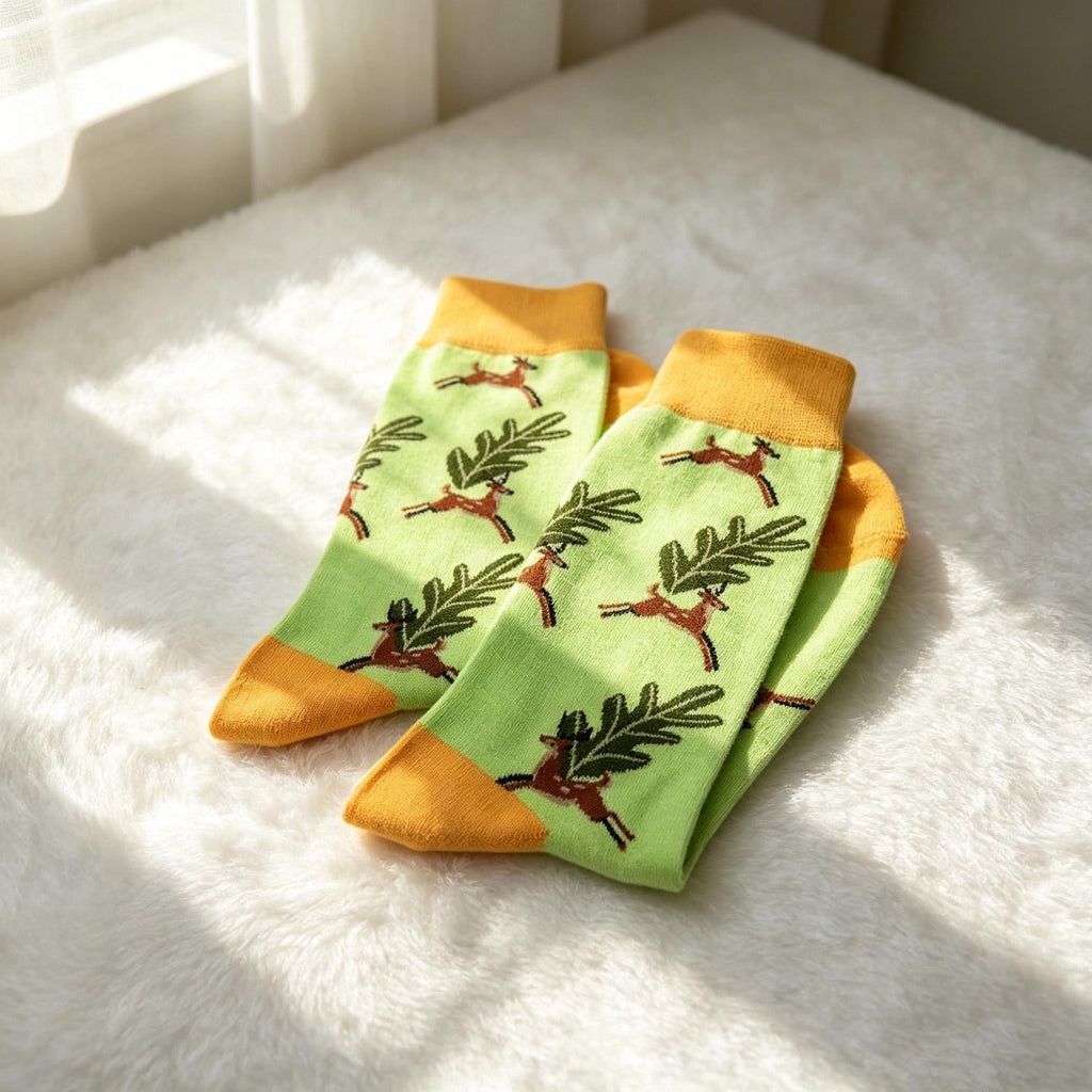Cute Animal Kitten Crew Socks, Quirky Nature Graphic Streetwear Hosiery, Aesthetic Plant Socks by AnnieColors, view 10