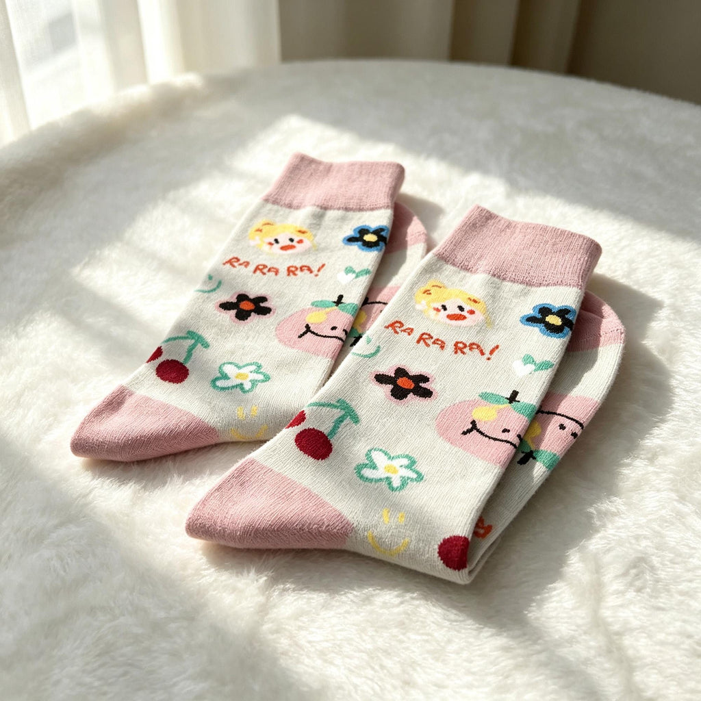 Matching Couple Socks, Cat Heart and Floral Crew Socks, Personalized Two Pair Gift by AnnieColors