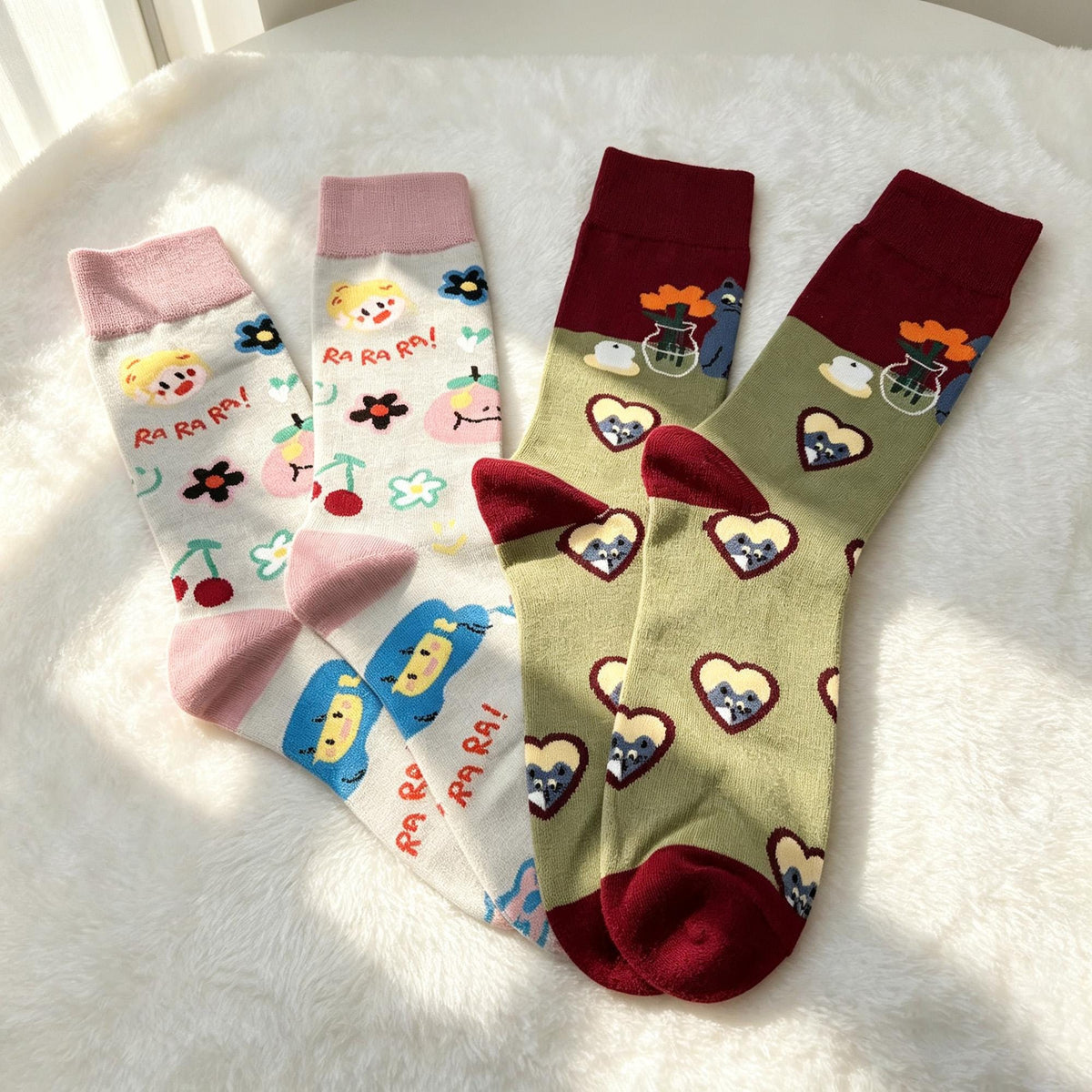Matching Couple Socks, Cat Heart and Floral Crew Socks, Personalized Two Pair Gift by AnnieColors, view 3