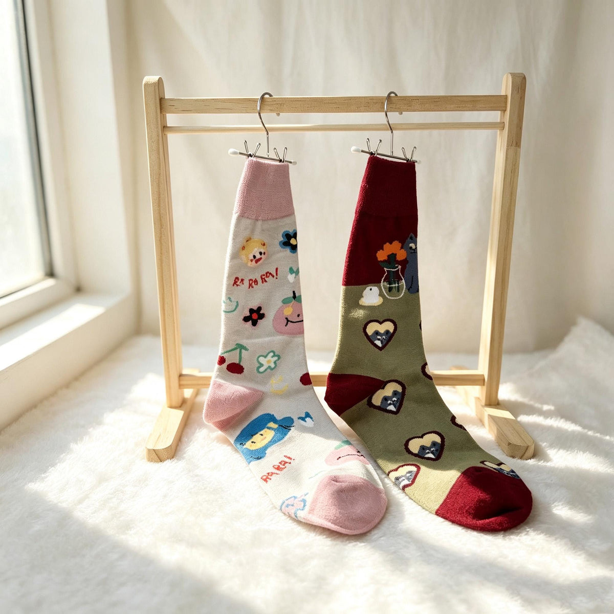 Matching Couple Socks, Cat Heart and Floral Crew Socks, Personalized Two Pair Gift by AnnieColors, view 7