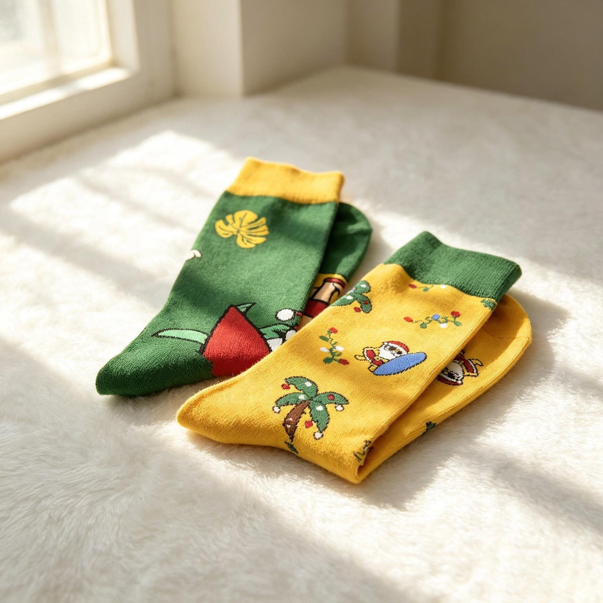 Surfing Santa Socks, Tropical Christmas Crew Socks, Funny Beach Vacation Gift by AnnieColors