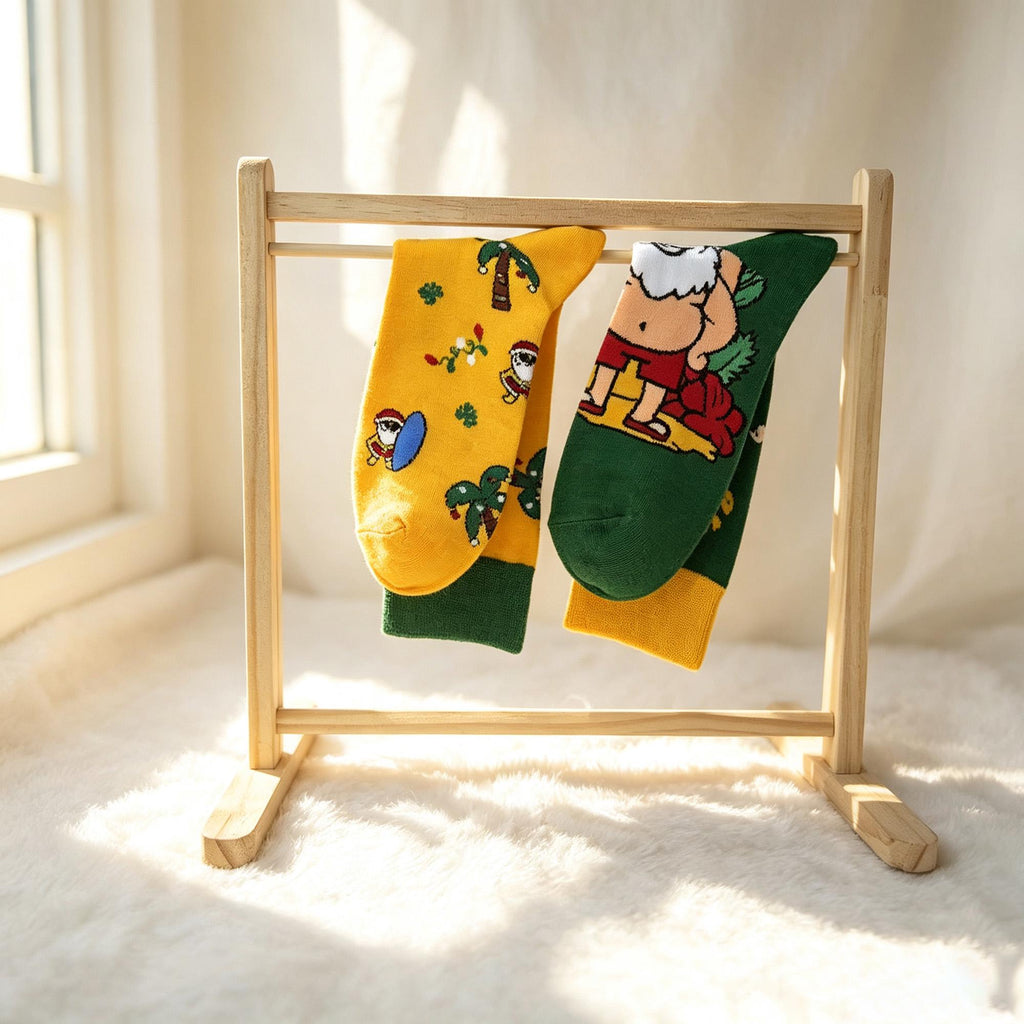 Surfing Santa Socks, Tropical Christmas Crew Socks, Funny Beach Vacation Gift by AnnieColors, view 5