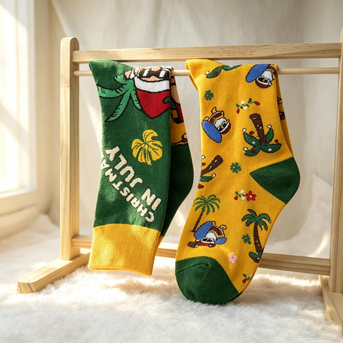 Surfing Santa Socks, Tropical Christmas Crew Socks, Funny Beach Vacation Gift by AnnieColors, view 4