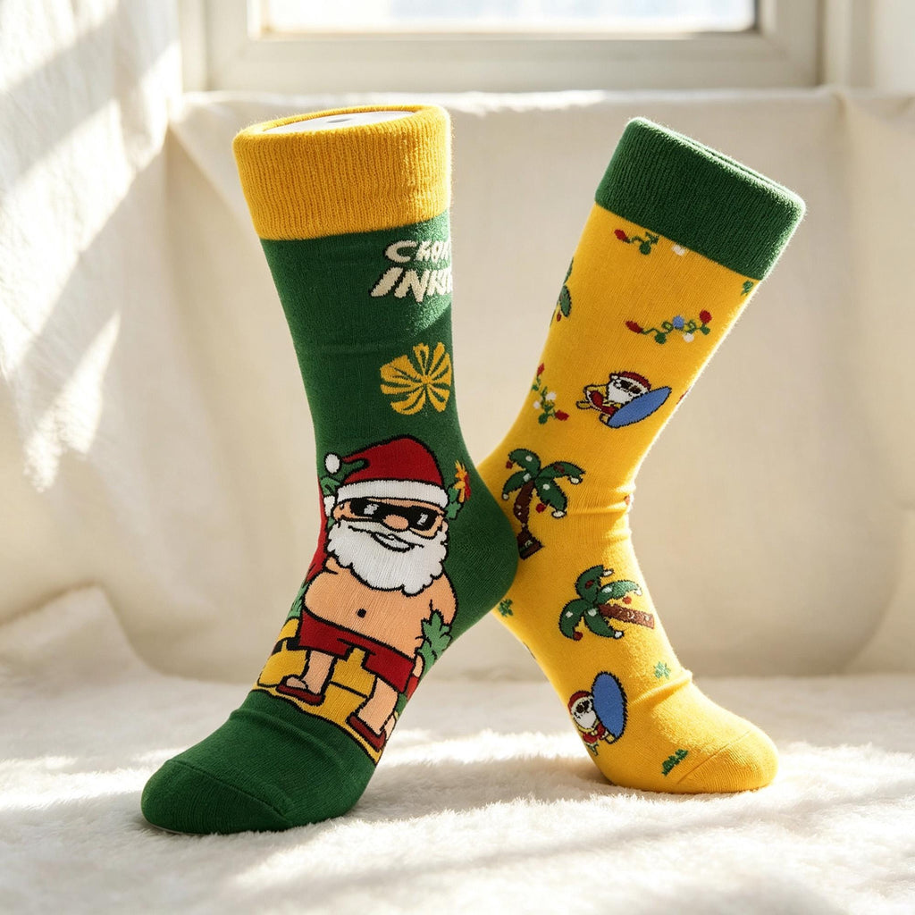 Surfing Santa Socks, Tropical Christmas Crew Socks, Funny Beach Vacation Gift by AnnieColors, view 6