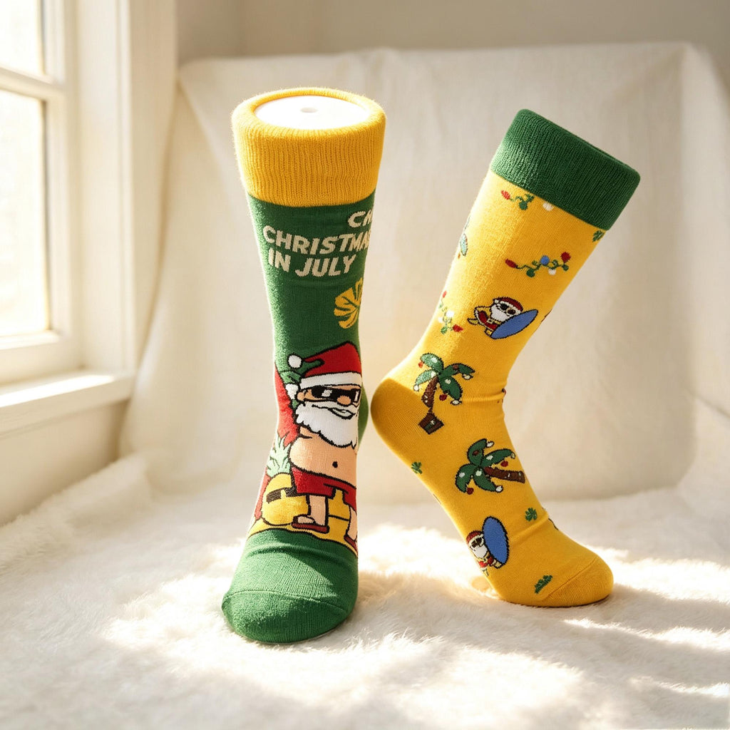 Surfing Santa Socks, Tropical Christmas Crew Socks, Funny Beach Vacation Gift by AnnieColors, view 7